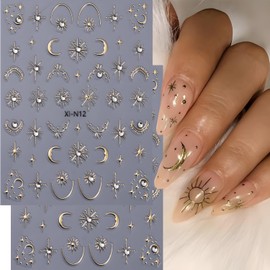 Gold Star Nail Stickers for Nail Art 5D Embossed Gold Nail Decals Moon Star Nail Art Stickers Glitter Rhinestone Nail Art Design Gold Star Nail Supplies for Women Girls DIY Manicure Decoration