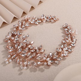 Teyglen Rose Gold Rhinestone Crystal Pearl Headband Bride Wedding Hair Vine Sparkly Rhinestone Headpiece for Women Bridesmaid Hair Accessories Wedding Head Piece(Rose gold)