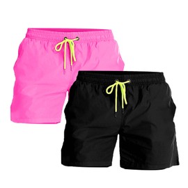 YnimioAOX 2 Pack Men's Swim Trunks Quick Dry Beach Shorts with Mesh Lining,Black/Pink,36