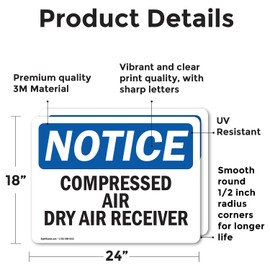 (2 Pack) Compressed Air Dry Air Receiver OSHA Notice Sign 24 Inch X 18 Inch Vinyl Label Decal Sticker Weather Resistant, UV Protected for Workplace, Business, and Construction Site, Made in the USA