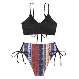 ZAFUL Women V Neck Bikini Set Ruched Tie Front High Waisted Floral Print Ribbed 2 Piece Bathing Suit Swimsuits, Black Purple, Large