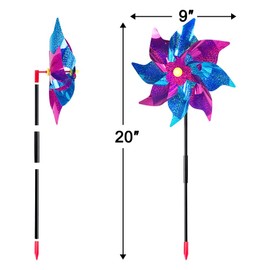 10 Pack Garden Pinwheels with Plastic Stakes | 20 inch Sparkle Pin Wheel Set to Scare Off Birds and Animals Away | Great Pinwheels for Yard and Garden