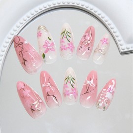 VelvetGlow 24 Pcs Rosa Blume Press On Nails – Medium Mandel Fake NäGel Mit Strass Perlen Designs, SüßE Katze Schleife Sommer Blumen Acryl NäGel Kit FüR Frauen