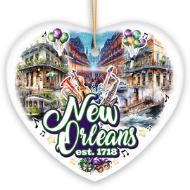 Classically Festive New Orleans Handcrafted Ornament, Mardi Gras Souvenir and Louisiana (Heart)