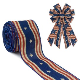 Hying Patriotic 4th of July Ribbon, 2.4" Wired, 10 Yards, Red, Blue, Stars