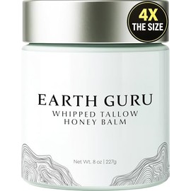 Earth Guru XL 8 oz Sebo de carne batida para la piel, 100% natural de ternera y bálsamo de miel, crema hidratante facial y loción corporal, alimentado con pasto y acabado, Sebo De Res Para La Cara, aceite de oliva orgánico, manuka