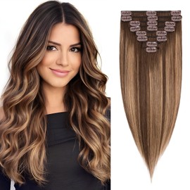 Elailite Hair Extensions Clip in Real Hair Human Hair Remy - 8 Pcs Invisible Thin Weft - Balayage Ombre #4/4P27 Midium Brown/Dark Blonde - 22 Inch (74 g)
