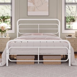 Yaheetech Queen Bed Frame Metal Platform Bed with Geometric Patterned Headboard, Mattress Foundation with Under Bed Storage/Sturdy Slat Support, No Box Spring Needed, White