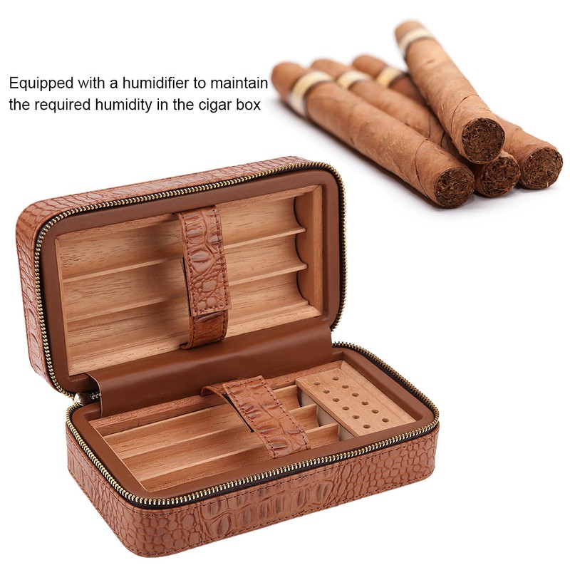 Wood Portable Travel Outdoor Cigar Humidor PU Leather Cigar Storage