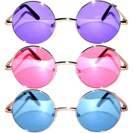 Round Retro Vintage Sunglasses Metal Frame Blue Purple Pink 3 Pairs OWL