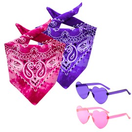 JIANGLAI Tie Dye Bandanas with Heart Sunglasses 4 Pack, Cowgirl Bachelorette Paisley Scarf, Handkerchief Headband Gift for Women Men (Purple and Hot pink)