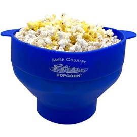 Amish Country Popcorn | Collapsible Silicone Microwave Popper with Customized ACP Logo | BPA and PVC Free Popcorn Bowl with Handles | Dishwasher Safe | Includes 2-2 oz Bags of Kernels (Blue)
