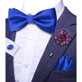 Hi-Tie Mens Royal Blue Pre-Tied Pocket Square and Lapel Pin Sets Cufflinks Mens Bowtie Sets for Wedding Formal Party