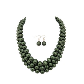 Women's Simulated Faux Three Multi-Strand Pearl Statement Necklace and Earrings Set (Dark Olive Green)