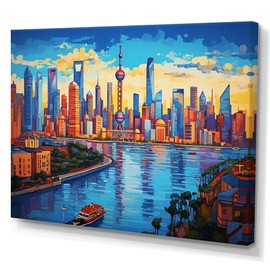 DesignQ Large Shanghai Wall Art, Shanghai Popart Colorful City painting, Shanghai Wall art decor, Multi-Color Industrial Canvas wall art, 20x12 inches