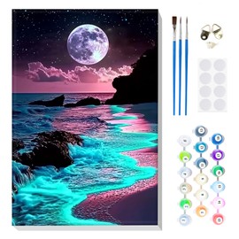 MOGTAA Paint by Numbers for Adults Beginner with Frame, Starry Night Paint by Numbers for Adults, Kids' Painting by Numbers, DIY Oil Painting Kits Moon Seaside Art Crafts for Home Decor, 8x12in