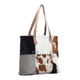 Myra Bag Patches Cowhide Tote Bag S-1163, Brown, One Size
