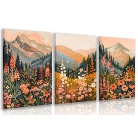 kilamino Framed Boho Daisy Flower Wall Art, Colorful Mountain Floral Wall Decor, Nature Wildflower Landscape Canvas Paintings, Forest Botanical Canvas Painting for Living Room Bedroom 12"x16"x3