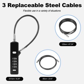 Versatile Cable Lock – 4-Digit Combination Lock with 3 Interchangeable Steel Braided Ropes (9” / 23.6” / 47.2”) – Ideal for Bikes, Scooters, Snowboards, Cabinets, and Gates (Black)