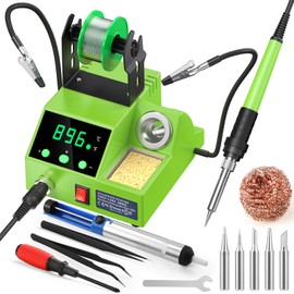 Soldering Station, Soldering Iron Station Kit, Auto Sleep, Calibration Support, Helping Hands, Solder Wire, Tips, Stand, Solder Sucker, Screw Driver, Wrench, Tweezers, Tip Cleaner, Green