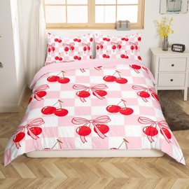 Homemissing Pink Bowknot Duvet Cover Set Bow Tie Red Cherry Bedding Set for Kids Boys Girls Pink Chic Comforter Cover Ribbon Bow Quilt Cover Room 3Pcs Double Size,Zipper,No Comforter