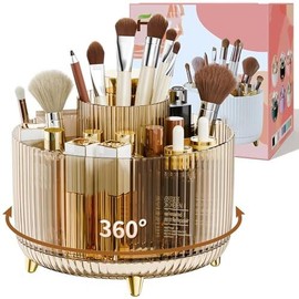 360° Rotating Makeup Organizers Countertop, 5 Slot Makeup Brush Holder Organizer for Cosmetics, Skincare Storage Beauty Holder for Eyeliner Lipstick on Bathroom Vanity - Color: Clear Amber