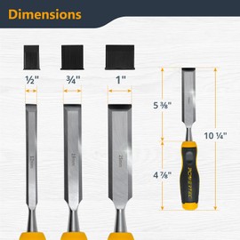 POWERTEC Wood Chisel 3 Piece Set - 1", 3/4" & 1/2" Bevel-Edge Bench Chisels with Strike Cap, Drop Forged Chrome Vanadium Steel Blades for Woodworking, Joinery, Mortising, Paring and Trimming (72136)