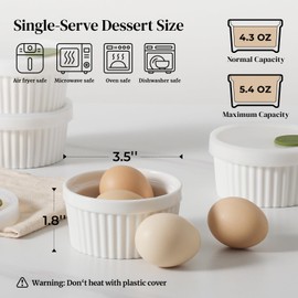 DOWAN Ramekins with lids 4 oz, Creme Brulee Ramiken Oven Safe, Ceramic Baking Bowls Souffle Dishes, Custard Cups Charcuterie Boards Bowls Dipping Sauces, Set of 6, White
