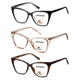 PUBOWT Bifocal Reading Glasses Women Oversized Blue Light Blocking Cat Eye Computer Readers Near/Far Dual-use Spring Hinge Large Stylish Invisible Eyeglasses 3 Pack +3.0 Strength