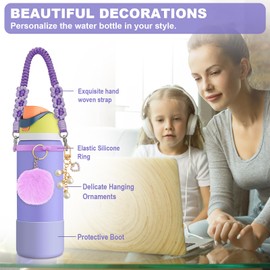 Silicone Boot Set Accessories for Owala Water Bottle 40 oz, Including Handle Strap Protective Sleeve Plush Ball Keychains for FreeSip, Twist, and Flip Stainless Steel Water Bottles(Purple)