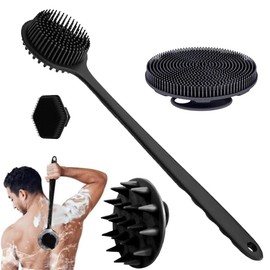 cepillo de silicona para cuerpo - 1 cepillo de limpieza de espalda de mango largo, cepillo de baño corto, cepillo para lavar el pelo y cepillo para lavar la cara, herramientas de limpieza (Black1)