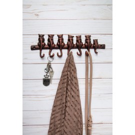 7 Cats Cast Iron Wall Hanger - Decorative Cast Iron Wall Hook Rack - Vintage Design Hanger with 4 Hooks - Wall Mounted | 12.4 x 3.9” - with Screws and Anchors - Copper & Black