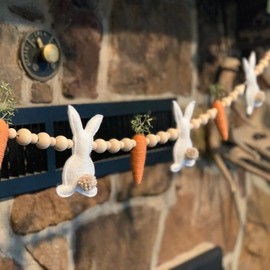 Easter Rabbit Carrot Garlands Easter Decoration Wooden Beads Rabbits Carrots Hanging Banners Ornaments for Garland, Home, Bedroom (White, OneSize)
