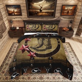 Erosebridal Cowgirl Boots Comforter Set,Western Cowboy Hat Beddding Set for Boys Kids Teens Rustic Farmhosue Down Comforetr King Size,Country Woodland Stars Quilt Set Pink Decor for Bedroom,Brown