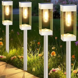 Gorrzai Solar Pathway Lights 8 Pack Solar Outdoor Lights with LED Tungsten Filament Bulb Waterproof Stainless Steel Garden Lighting for Outside Driveway Landscape Lawn Path Christmas (White)