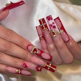 IMRAIN Red Press on Nails Long Square Fake Nails French Tips Acrylic Glossy False Nails with Golden Cross Charms & Rhinestone Designs Full Cover Luxury Artificial Nail Supplies 24Pcs