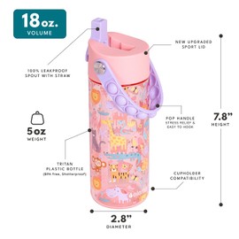 Elemental Water Bottles for Kids - Splash Kids Water Bottle for School with Pop-it Handle - BPA Free Tritan Plastic Water Bottle with Straw Leak Proof when Spout is Closed -Pink Safari - 18oz