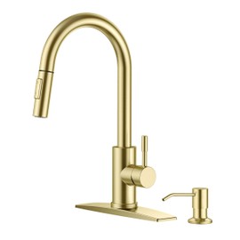 FORIOUS Gold Kitchen Faucet with Soap Dispenser, High Arc Modern Sink Faucet with Pull Down Sprayer and Deck Plate Fit for 1 or 3 Hole for Pot Filler Bar Farmhouse Laundry Rv, Brushed Gold