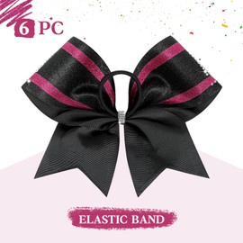 6PCS Large Glitter Cheer Bows Black and Pink 8" Rhinestones Stiff Competition Hair Bows Two Colors Elastic Band for Cheerleaders Girls -Black/Pink Stripe