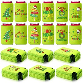 SiliFine 60 Pcs Christmas Beer Can Cooler Sleeves 12 oz Elf Lime Green Can Sleeves Funny Insulated Neoprene Can Holders Bulk Xmas Soda Beer Drink Cover for Winter Holiday Party Decorations Supplies