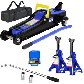 KUVADAZ 5 Piece Car Truck Floor Jack Service, Hydraulic Trolley Floor Jack & Jack Stands & Tire Repair Kit & L-Wrench for Garage, Automotive Shop, DIY, Lift Range 3.3"-15.2", 2 Ton/4000 LBS Capacity