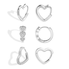 Small Heart Hoop Earrings for Women, ALEXCRAFT 3 Pairs 925 Sterling Silver Heart Earrings Small Cartilage Huggie Hoop Set, Lovely Zircon Heart Shape Hoop Earrings Sterling Silver Heart Earrings Set