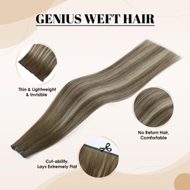 ABH AMAZINGBEAUTY HAIR Genius Weft Hair Extensions Human Hair Sew in Hair Extensions Real Human Hair Weft Extensions 50G, Walnut Brown Highlighted with Platinum Blonde #T3/P3/60, 18 Inch
