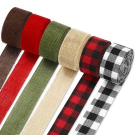 JarThenaAMCS 6 Rolls 36 Yard Christmas Plaid Burlap Ribbon Rolls 1 Inch Gift Wrapping Ribbon Winter Xmas Decorative Ribbon for DIY Crafts Wreath Bow Making Supplies