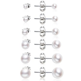 Delicados aretes de perlas para mujer: juego de 6 pares de aretes de perlas hipoalergénicos, de calidad AAA+, aretes de perlas cultivadas de agua dulce, pequeños y grandes para mujeres y niñas (3-8 mm), Oro de 14 quilates, No es una piedra preciosa