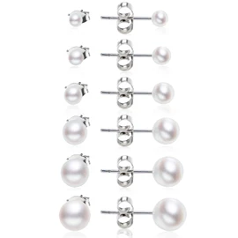 Delicados aretes de perlas para mujer: juego de 6 pares de aretes de perlas hipoalergénicos, de calidad AAA+, aretes de perlas cultivadas de agua dulce, pequeños y grandes para mujeres y niñas (3-8 mm), Oro de 14 quilates, No es una piedra preciosa