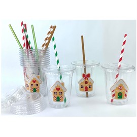 Holiday Gingerbread Houses Plastic Drink Cups with Lids & Straws, Christmas Party Supplies, 12 Set