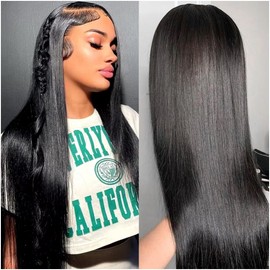Atohallan 13x4 Straight Lace Front Wigs Human Hair 24 Inch Pre Plucked Human Hair Wig Glueless 180% Density HD Transparent Lace Frontal Wigs Human Hair for Black Women Natural Color(24 Inch)