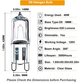 Vinaco G9 Bulb 40W, 10 Pack Long Lasting JCD G9 120V 40W, T4 G9 Halogen Bulb Dimmable with 2800K Warm White, Capsule G9 40W Halogen with G9 Bi Pin Base for Cabinet & Chandeliers Lights