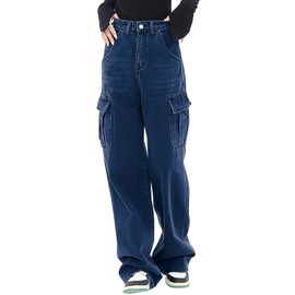 LONGYIDA Women's High Waisted Cargo Jeans Straight Wide Leg Stretch Baggy Jean Y2K Casual Loose Denim Cargo Pants Trousers(Dark Blue,S)